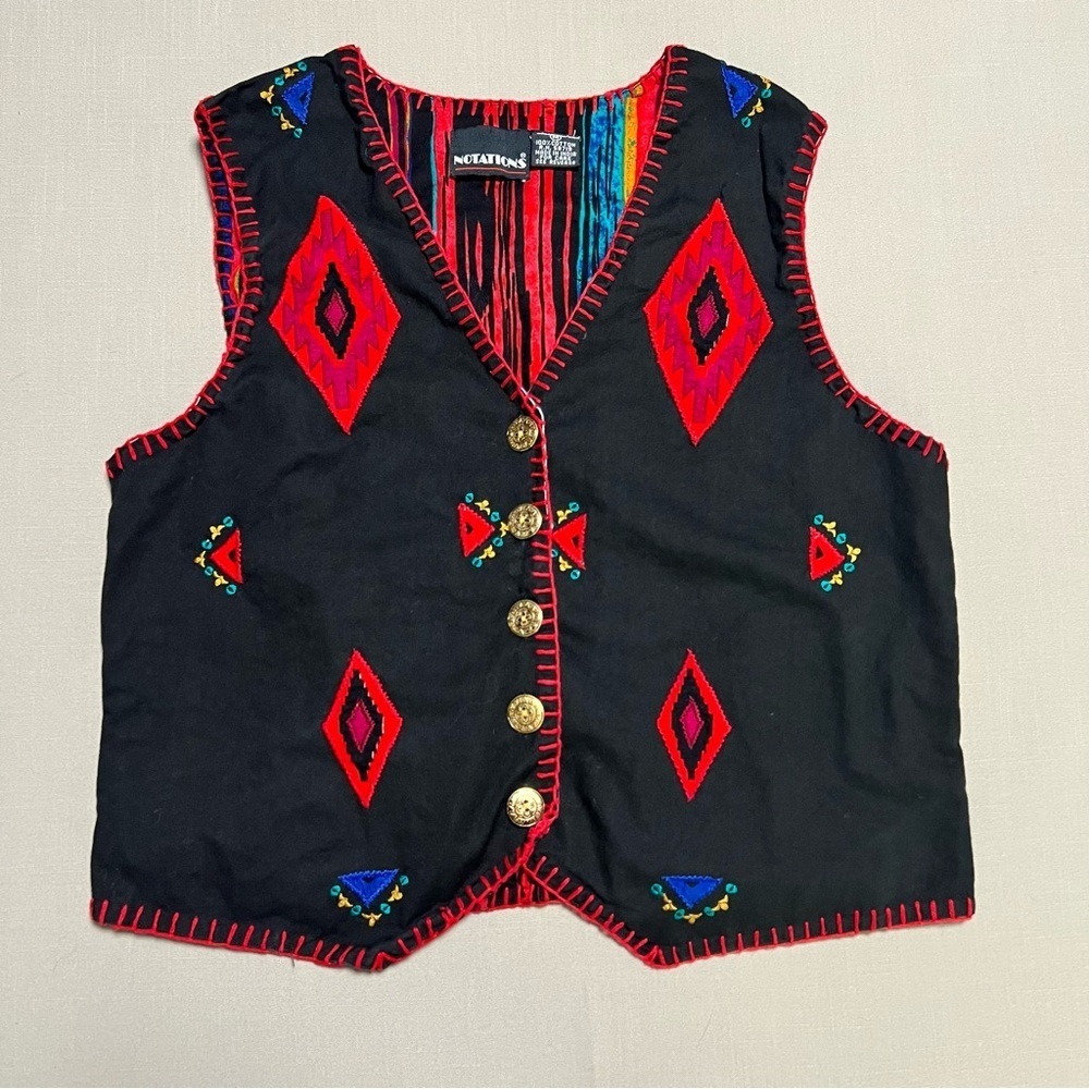 Vintage Notations Embroidered Southwestern Vest Black Red Geometric Size M